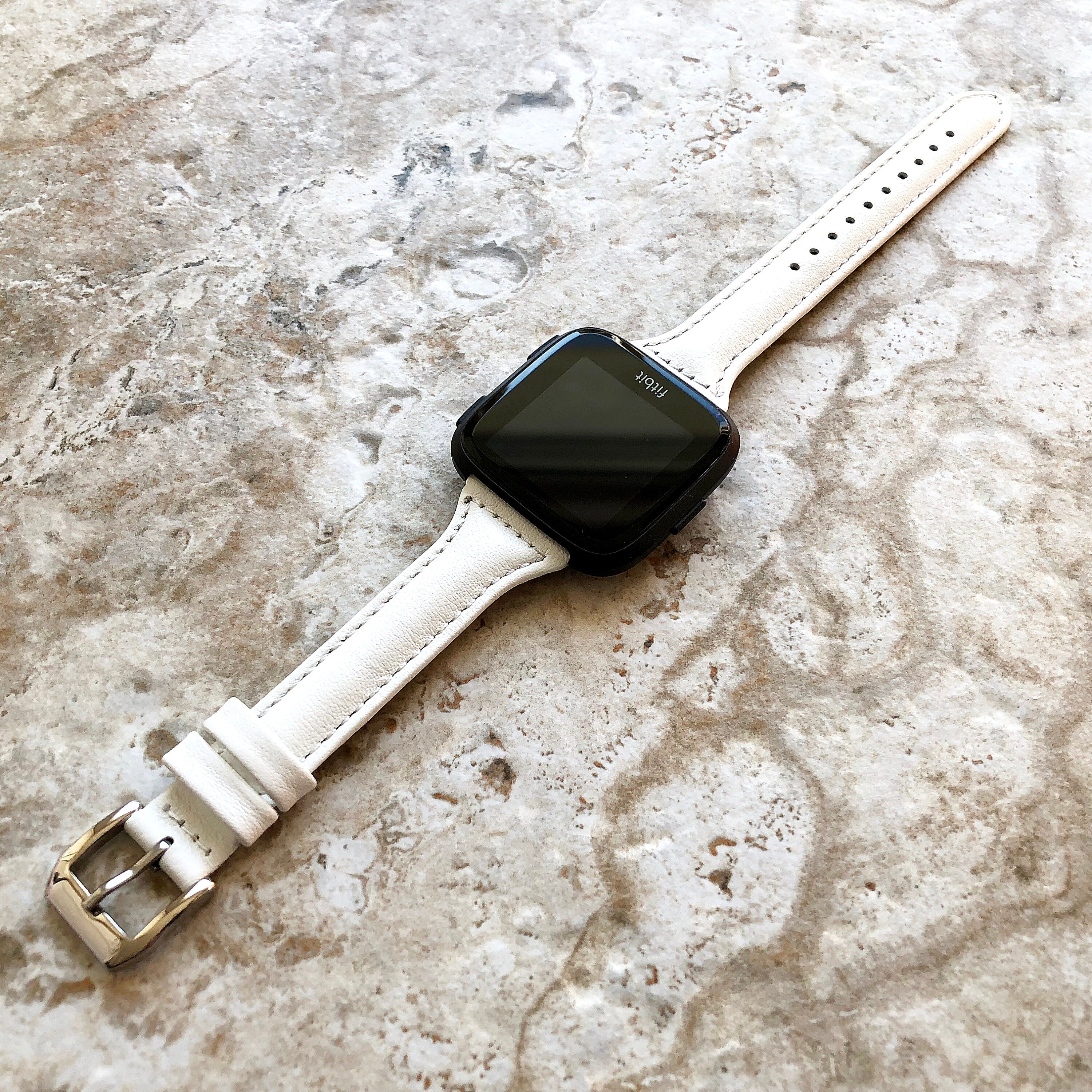 Fitbit Versa Lite 2 3 4 Sense 2 Band White Slim Elegant Leather Strap with Stitching Details Quick Release Pins Adapters Silver Rose Gold